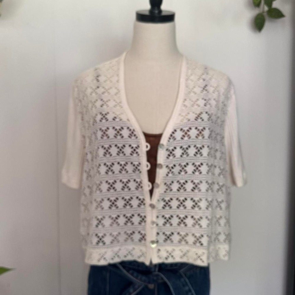 Kathie Lee Vintage 90s Cream Knit Cardigan Abalone Shell Buttons Sz 16 041011